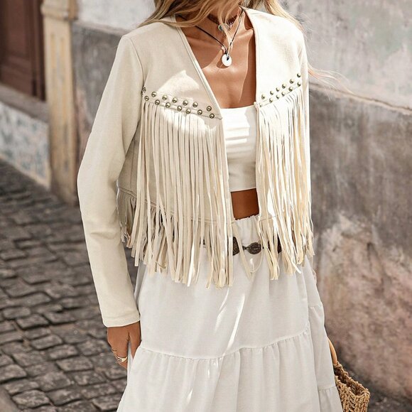 beige Casual Women's Fringe Trim Open Front Jacket - Picture 4 of 8